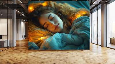 Woman sleeping with string lights, golden hue, cozy atmosphere with peaceful expression Wall mural