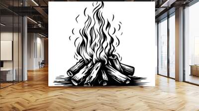 Burning bonfire with a large flame for camping, camping bonfire. Vector illustration of fire in sketch engraving style Wall mural