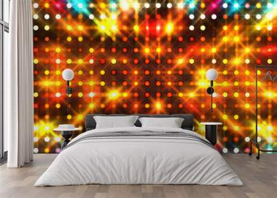 Shining lights party leds on black background. Digital illustration of stage or stadium spotlights. Glowing pattern wallpaper. Glamour background of colorful lights with spotlights. Wall mural