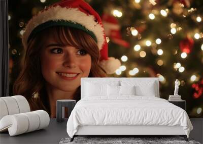 Joyful Woman in Vibrant Christmas Attire with Lights Wall mural