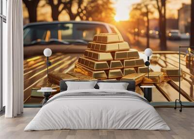 gold graph with sign, street traffic, gold and besqet city bus station gold and bars, car on the roof, gold ingots placed atop an advanced technological financial graph radiating connectivity Wall mural