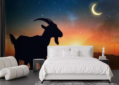 silhouette of a horse in the sunset, silhouette of a goat on a farm for eid-ul-adha Wall mural