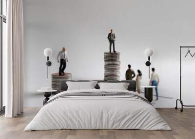 Concept of employment condition and choice. Miniature people and pile of coins. Wall mural