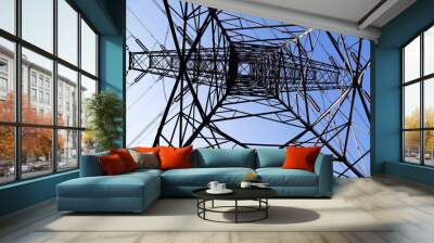 high voltage post.High-voltage tower sky background. Wall mural