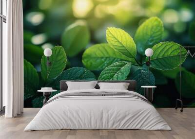 Sun-Kissed Green Leaves with Dew in Soft Morning Light Wall mural