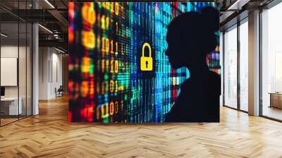 The Significance of Digital Security Illustrated by a Woman's Silhouette with a Lock Icon Wall mural