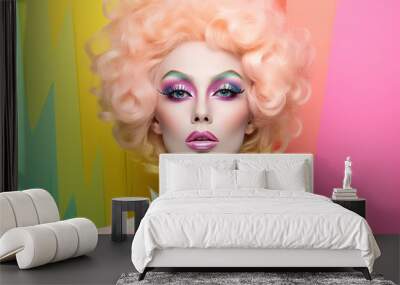 A drag queen person with pink hair styled extravagantly posing with multicolored floral background Wall mural