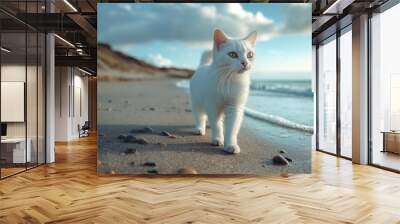 A white cat walking on beach, at summer Wall mural