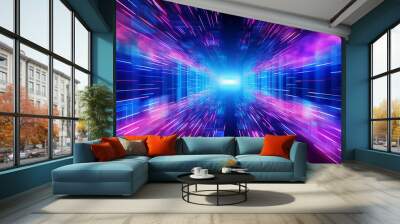 Abstract digital tunnel with vibrant blue and pink light trails. Wall mural