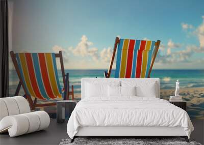 Beach vacation sunset chairs for relaxation in summer with tropical ocean, sand and sky Wall mural