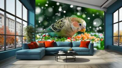 Beautiful colorful parakeet bird on green grass with snow eating seeds in a natural wildlife scene Wall mural