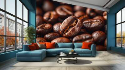 Close up of roasted coffee bean showing rich brown texture and aroma in organic dark seed background. Wall mural