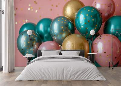 Colorful balloons with confetti, gold, pink, and green decor for a festive party celebration. Wall mural