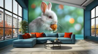 Cute furry rabbit eating in nature with whiskers and eyes that are adorable and fuzzy Wall mural