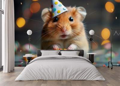 Cute hamster wearing party hat celebrating birthday with festive cake and colorful sprinkles Wall mural