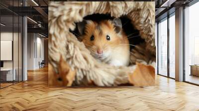 Cute hamster with whiskers and small ears hiding in a furry nest with autumn leaves background Wall mural