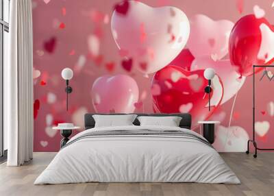 Heart balloons floating in pink and red for a romantic love celebration on Valentine?s Day Wall mural