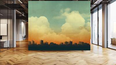 Illustration of an urban skyline against a backdrop of large, fluffy clouds at sunset or sunrise. Wall mural