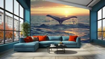 Whale tail splashing in the ocean at sunset with beautiful marine wildlife and golden sunlight Wall mural