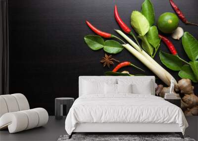 spices with ingredients on dark background. asian food, healthy or cooking concept. Wall mural