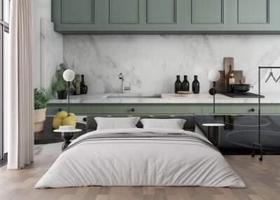 Glass aluminum frame partition between sage green modern kitchen Wall mural