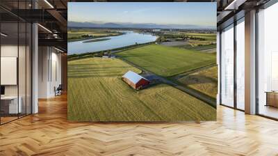 Beautiful Farm Landscape with a Barn and Sunset Wall mural