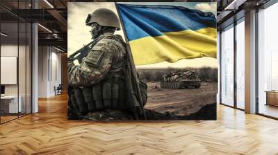 soldier in military uniform with a Ukrainian flag and tank in the background, Russia-Ukraine war, Army battlefield Ukriane, fighter in the frontline  Wall mural