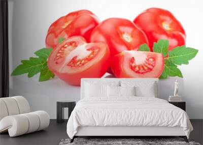 Fresh Juicy tomato with green leaves Isolated on a white backgro Wall mural