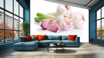 Three bulbs of fresh garlic and pieces isolated on white backgro Wall mural