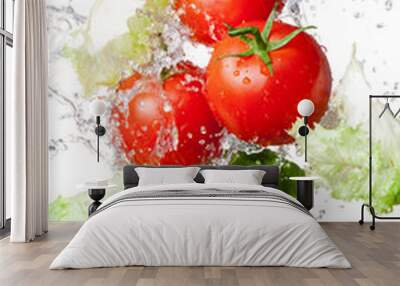 Three Fresh red Tomatoes and lettuce in splash water Isolated on Wall mural