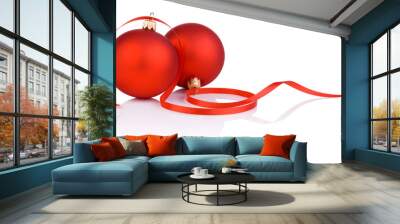 Two red christmas balls and tape Isolated on white background Wall mural