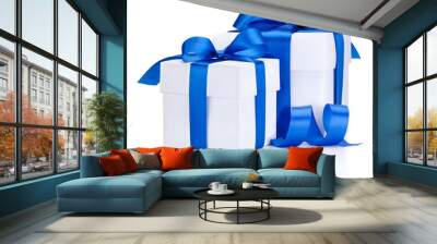 Two White boxs tied Blue satin ribbon bow Isolated on white back Wall mural