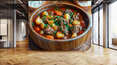 Traditional Hungarian beef goulash in a rustic wooden bowl with hearty chunks of beef, potatoes, and carrots in a rich paprika broth, garnished with fresh parsley, served with bread. Wall mural