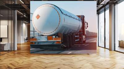 Petroleum Cargo Truck Driving On The Highway Hauling Oil Products. Fuel Delivery Transportation And Logistics Concept On A Sunny Summer Evening. Compressed Gas Carrier Truck Rear View On A Highway. Wall mural