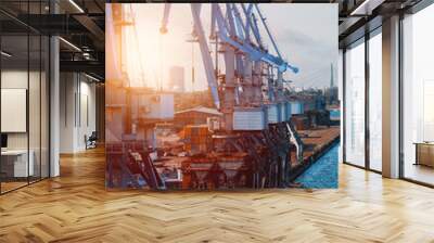 Several cargo cranes in the port are designed for loading general cargo, project cargo and containers. Tandem lifting of the shipment. Port infrastructure during off hours. Wall mural