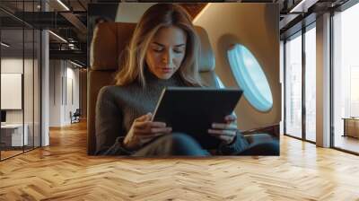 A CFO studying business analytics on a tablet during a corporate flight in a private jet with soft lighting and a focused mood. Wall mural