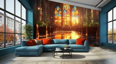 A church interior featuring beautiful stained glass windows and an atmosphere of quiet reverence, capturing the essence of worship and faith. Wall mural