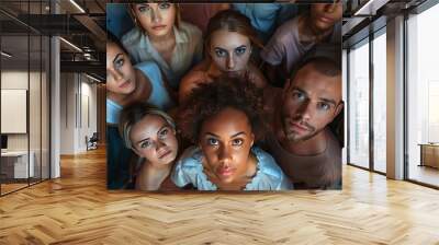 A multicultural group looking up at the camera with mixed emotions, wearing casual and formal attire, captured from directly above. Wall mural