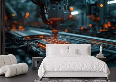 A next-generation CPU being manufactured by robotic arms in a sterile, high-tech factory, conveying precision and technological advancement in production. Wall mural