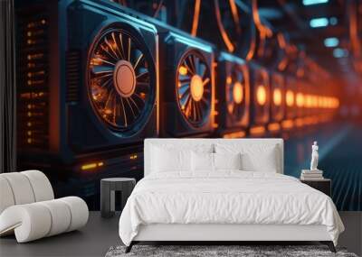 A row of GPU mining rigs with cables and fans in a modern mining farm, conveying the industrial scale and infrastructure of cryptocurrency mining. Wall mural