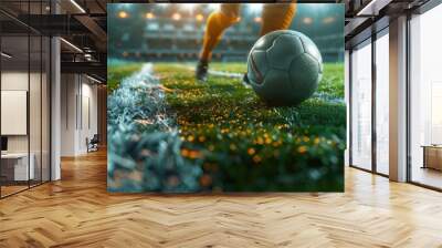 A soccer player dribbling a ball on a stadium field with dynamic action and bright lighting. Wall mural