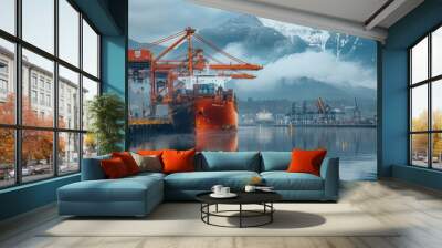 Cargo ship docked, busy port, cranes loading containers, international logistics. Wall mural