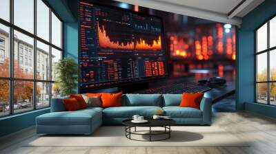 Financial data analysis in a digital workspace, representing business, finance, and technology. Wall mural