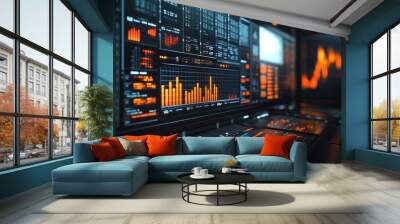 Financial data analysis in a digital workspace, representing business, finance, and technology. Wall mural