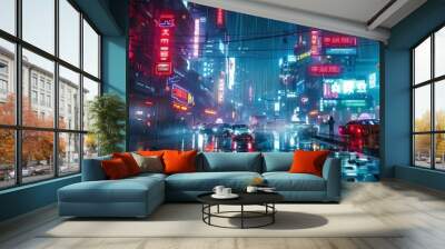 Futuristic cityscape with neon lights in a cyberpunk environment. Wall mural