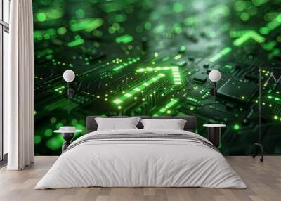 Green digital arrows on a circuit board, symbolizing progress and technology, creating a bright and futuristic ambiance. Wall mural