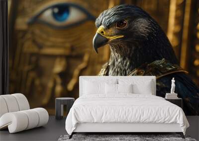 Powerful Horus, falcon-headed god, with the Eye of Horus shining brightly, embodying protection and kingship. Wall mural