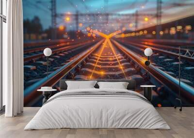 Railway tracks leading into the distance with a sunset. Wall mural