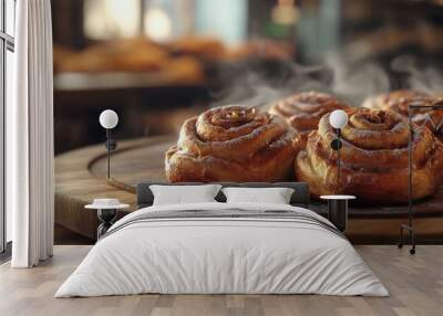 Steaming cinnamon rolls on a rustic wooden table in a cozy bakery, with the aroma of cinnamon creating a warm, inviting atmosphere. Wall mural