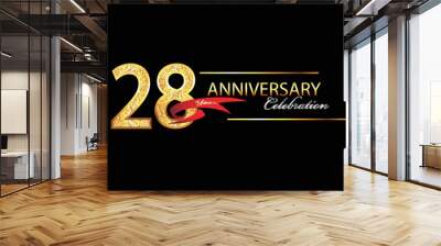 28 Year Anniversary celebration Vector Design. 28th Anniversary celebration. Gold Luxury Banner of 28th Anniversary celebration with red ribbon and glitter. Background celebration. Vector anniversary Wall mural